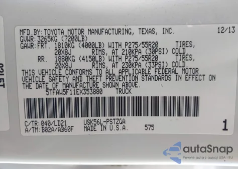 2014 Toyota Tundra 1794 5.7L V8 z USA, uszkodzony, nr VIN 5TFAW5F11EX353880